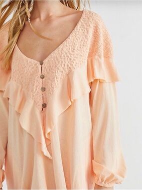 Free People Beach Aurora Long Sleeve Mini Dress Pink Rose Peach Boho Size Small